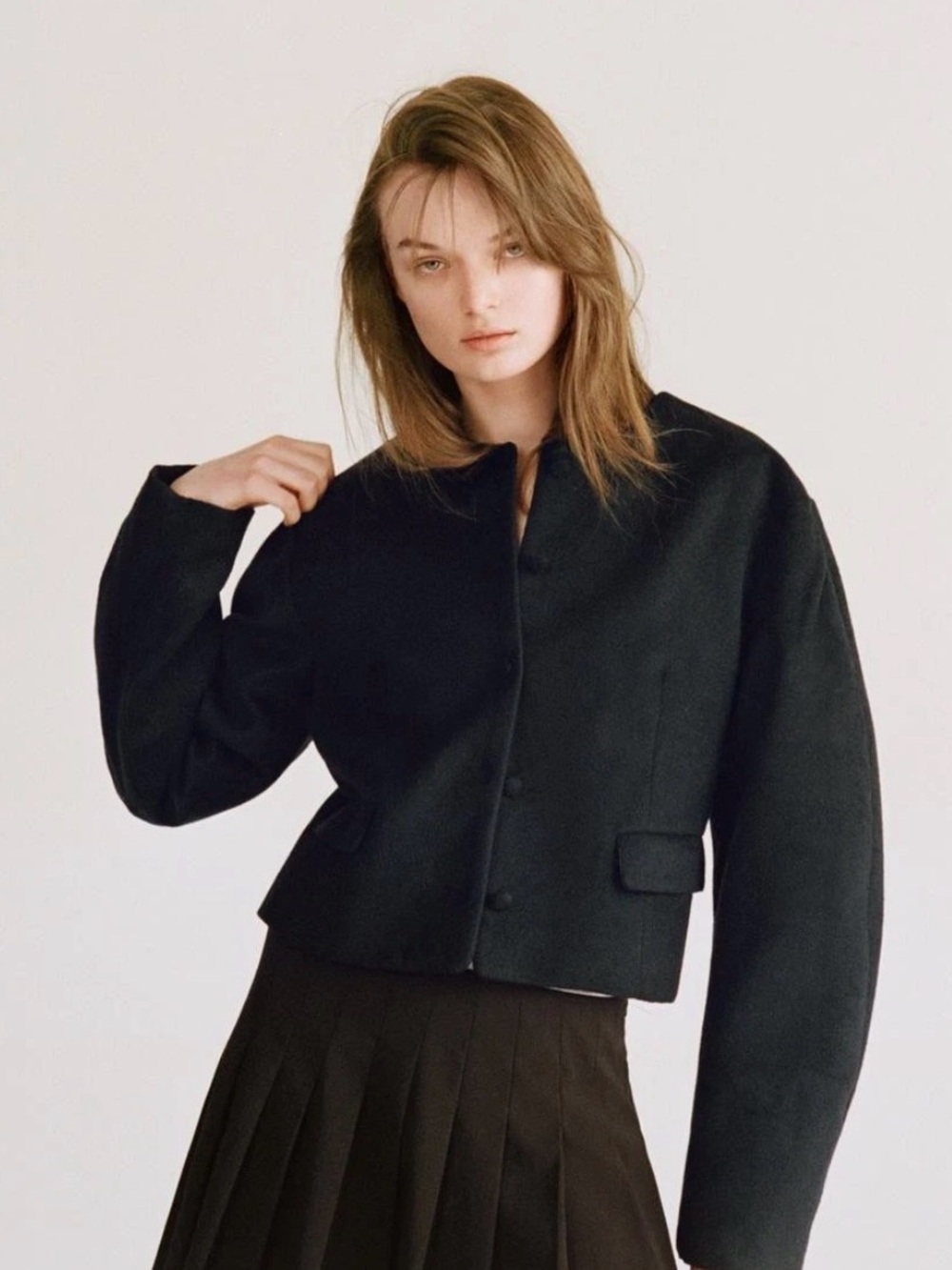 ZARA Small Navy Blue Cropped Button Up Jacket Black Label Balloon Sleeve Sm S